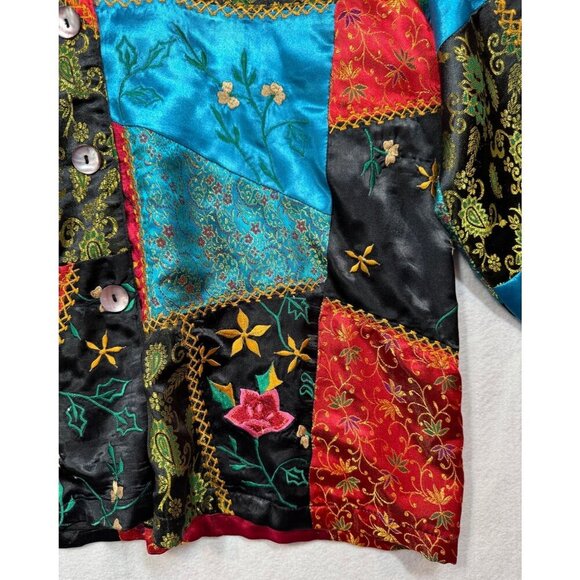 Coldwater Creek Satin Patchwork Jacket Asian Floral Art to Wear Top Womens L Vtg - Picture 5 of 6